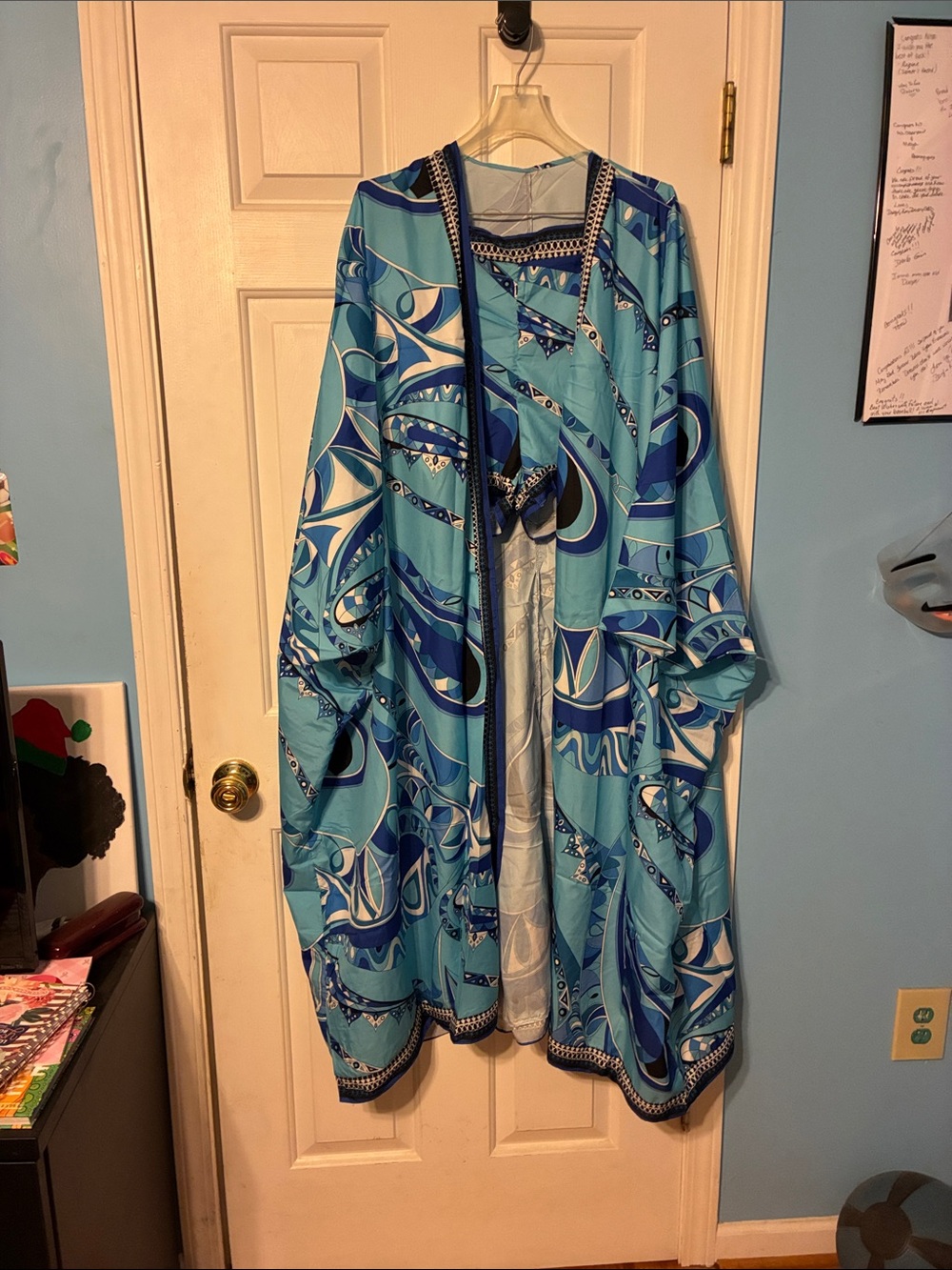 Light Blue Abstract Print Women's Duster Coat and Short Set